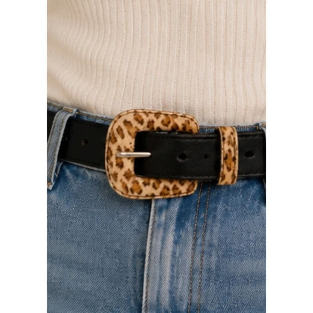 Amiee Lynn Hair On Suede Genuine Leather Animal Print Belt Black Size Medium EUC